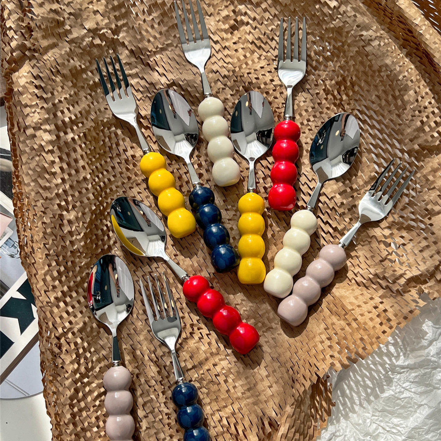 Diseño original de Shanen, linda cuerda de haws confitados, tenedor, cuchara, vajilla de acero inoxidable 304 para el hogar, mango de cerámica