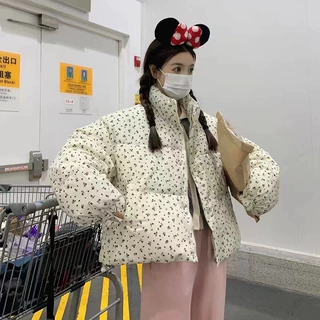 清新小碎花短款羽绒棉服2024冬季新款韩系学院灯芯绒保暖棉袄外套
