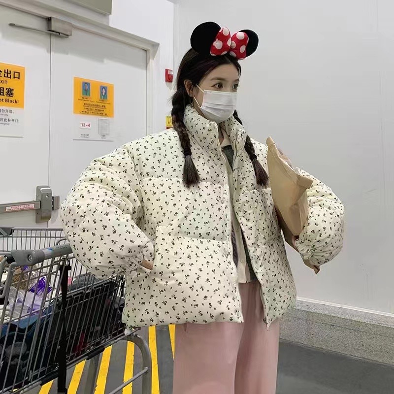 清新小碎花短款羽绒棉服2024冬季新款韩系学院灯芯绒保暖棉袄外套