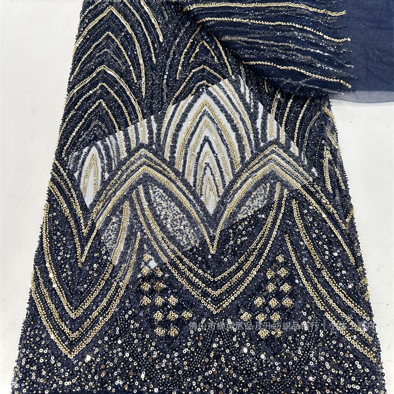 Tejido de malla de sequinilla de dos colores de moda de alta fijación de perlas de tela bordada europea y americana vestido de boda vestido de tela