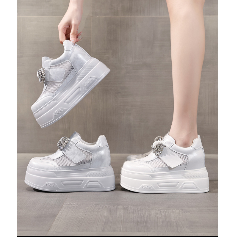 Giày sneaker nữ đế dày tăng chiều cao, mặt lưới thoáng khí, đính đá rhinestone — màu trắng chi tiết 17