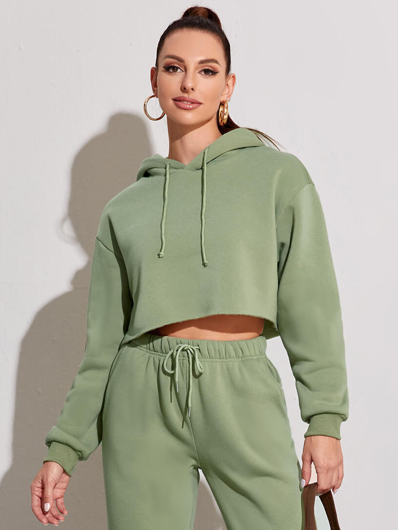 Fleece Solid Color Short Navel-Exposed Hooded