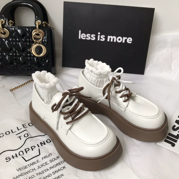 Оптовая Внешняя торговля, обувь на шнуровке на толстой подошве, увеличенная обувь в британском стиле, женская новая белая Повседневная универсальная женская обувь с круглым носком, 2023 год
