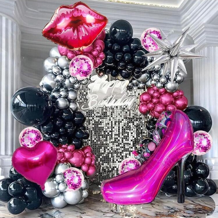 80 90S Theme Party Decoration 91 Hot Pink Balloon Chain Set High Heels Lips Aluminum Film Balloons