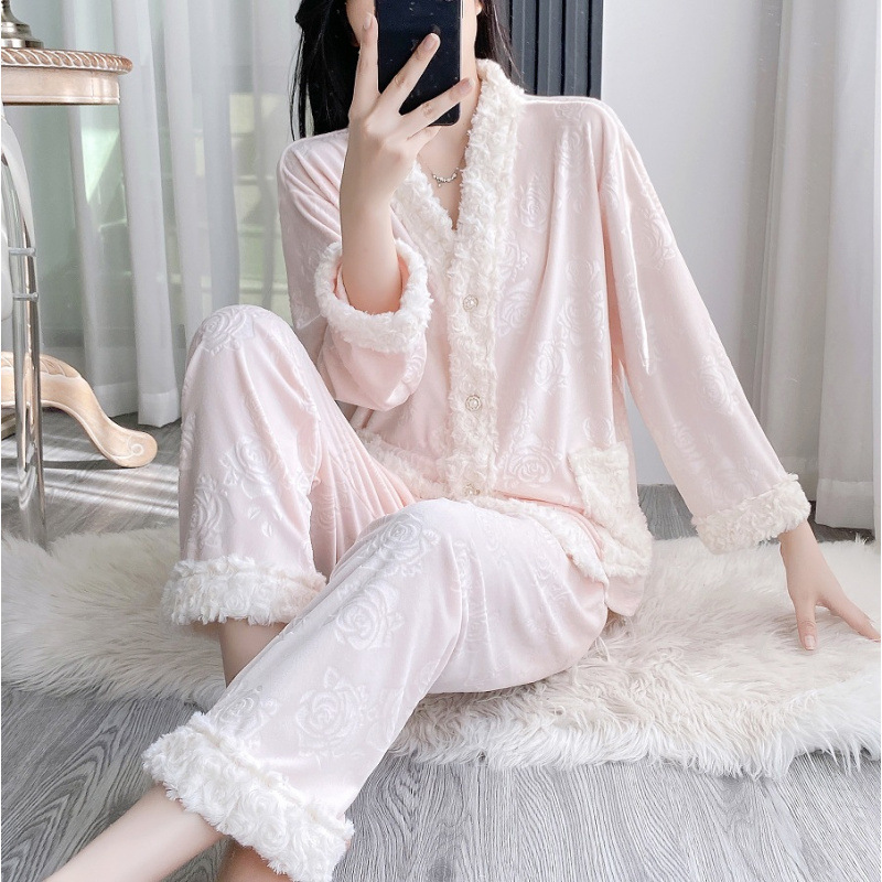 【海岛绒山茶花】睡衣女海岛绒秋冬加厚法式高级感保暖家居服|undefined