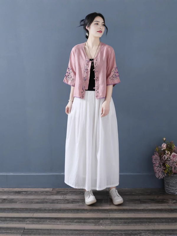レトロ刺繍ボタンリネンコットンシャツ女性の夏の中国禅茶服ルーズショート V ネックトップ|undefined