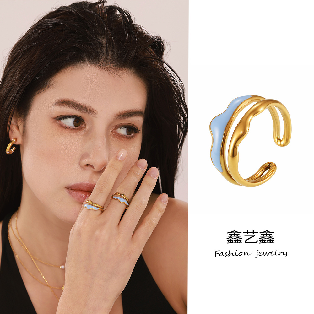 鑫藝鑫歐美飾品不鏽鋼砝碼彩釉幾何雙層開口戒指鍍18k金保色指環