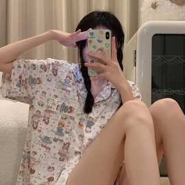 韩国ins可爱mikko纯棉睡衣女夏季新款卡通短袖短裤家居服