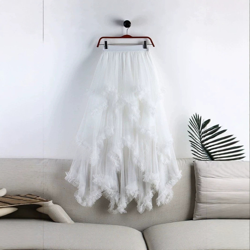 Ruffled Irregular Gauze Skirt for Women, Summer New Style, Mid-Length High-Waisted A-Line Mesh Fairy Skirt