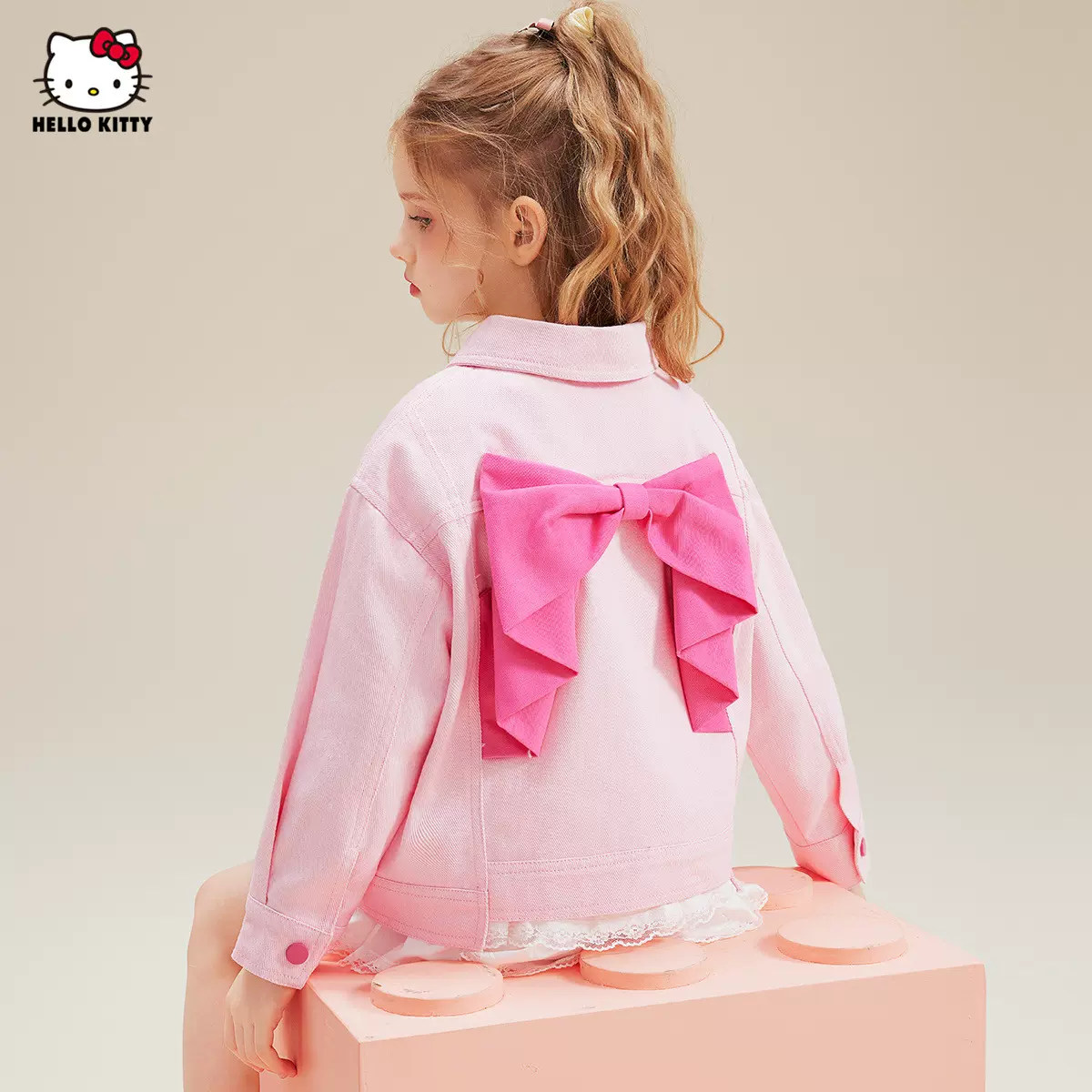 HelloKitt女童秋季粉色牛仔外套新款中大童装后背大蝴蝶结外套