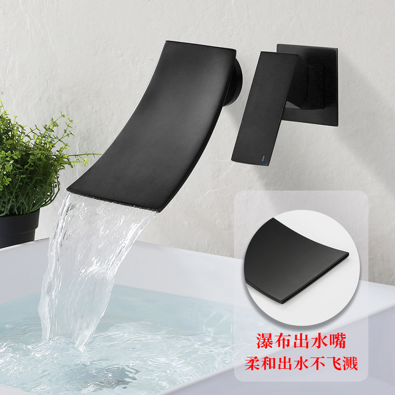 All copper concealed waterfall faucet into the wall basin matte black hot and cold water basin bathroom faucet square project
