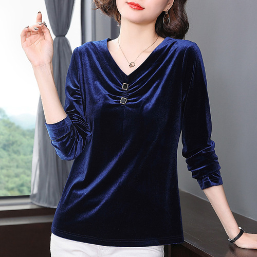 Middle-aged mother gold velvet bottoming shirt women's autumn and winter outer wear temperament collar warm long-sleeved tops fashionable shirt