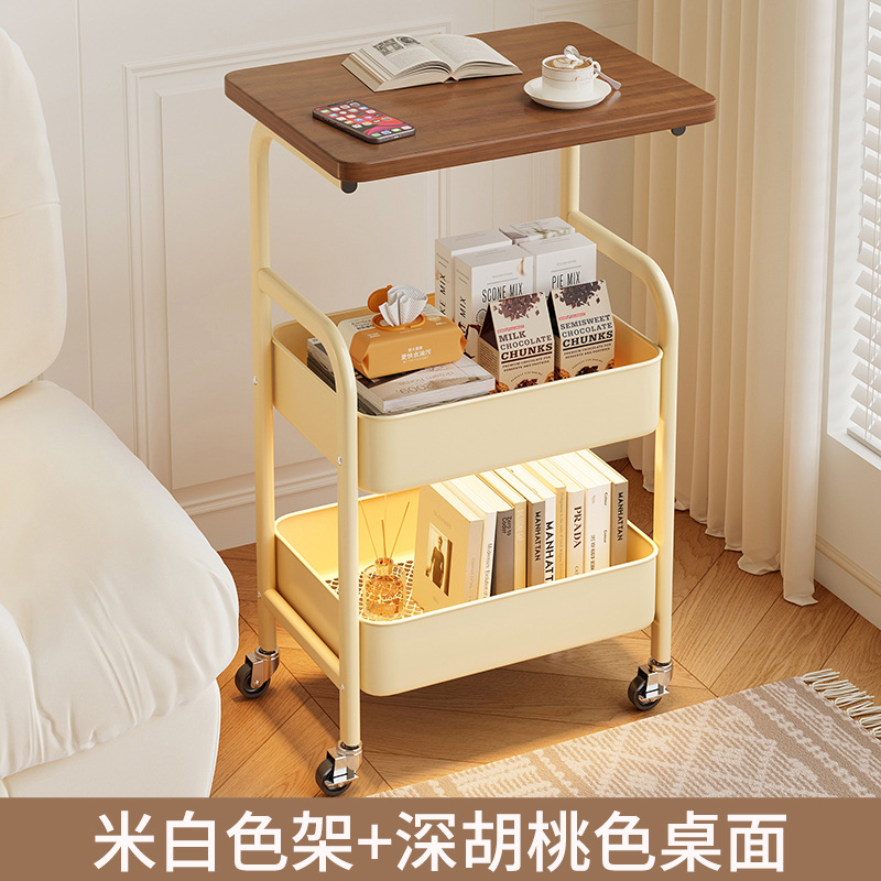 Mesa de té móvil de doble capa de sala de estar junto al sofá de almacenamiento integrado con mesa de té de ruedas para el dormitorio, estante de cama simple