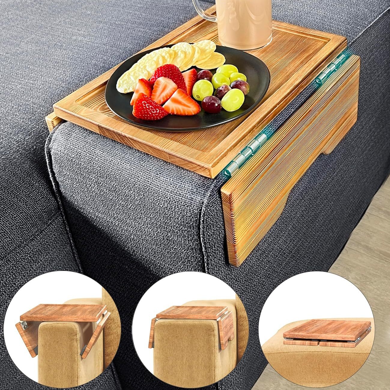 跨境木质沙发扶手桌托盘木制可折叠扶手桌懒人沙发扶手托盘零食桌