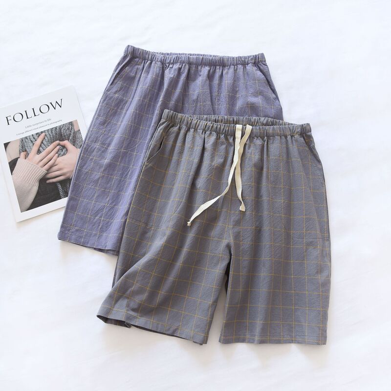Summer thin men's home Cotton pajama pants pure cotton shorts washed cotton single line large grid factory direct supply wholesale