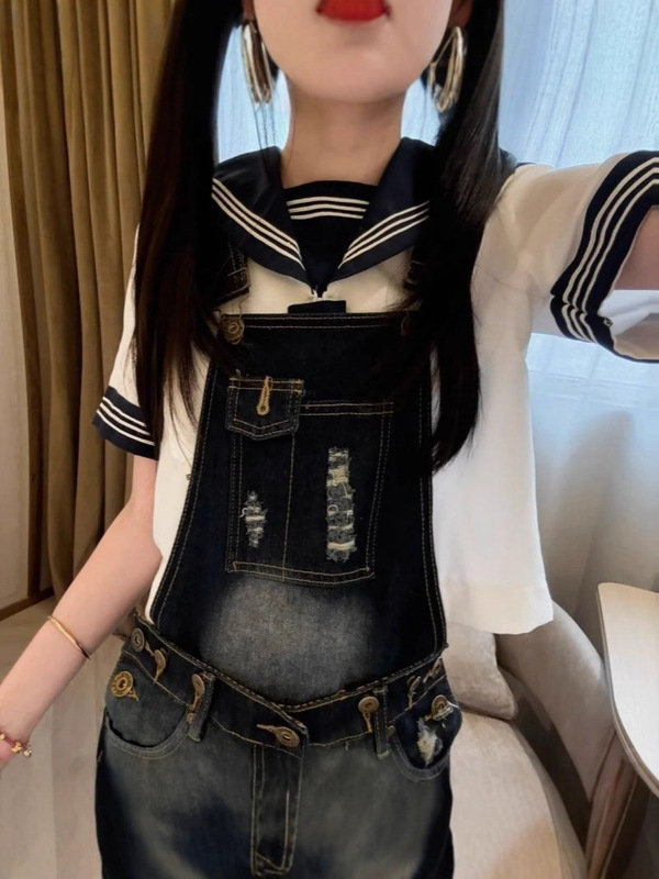美式辣妹可拆卸两穿破洞牛仔背带短裤女夏季新款连体包臀热裤子潮|undefined