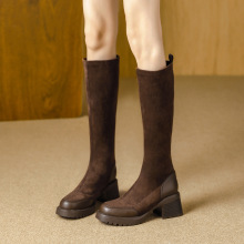 高跟不过膝长靴女2025新款冬季棕色粗跟弹力高筒靴方头显瘦骑士靴