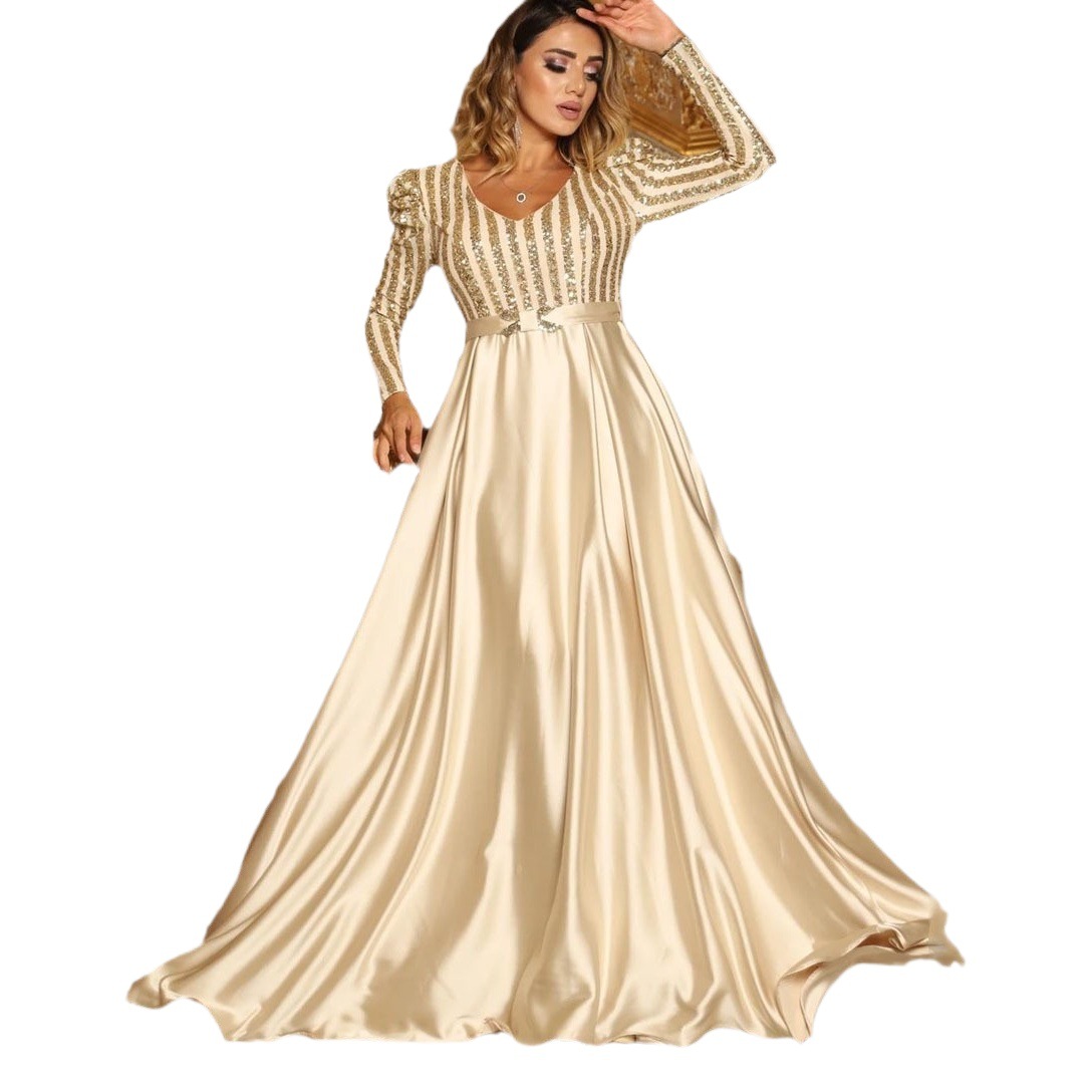 Vestido largo de fiesta con cola, estilo europeo y americano, de moda para mujer, con escote pronunciado en V, para la primavera transfronteriza de 2025.