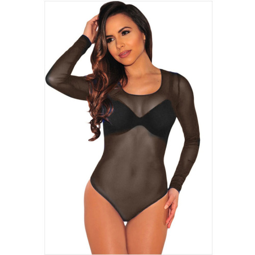 European and American erotic underwear black tight mesh gauze see-through one-piece no crotch sexy pajamas long-sleeved seductive outfit 9001 