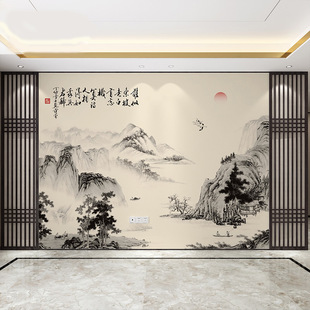 New Chinese style wall cloth living room TV background wall painting landscape Chinese ancient style wall cloth calligraphy and painting wallpaper mural