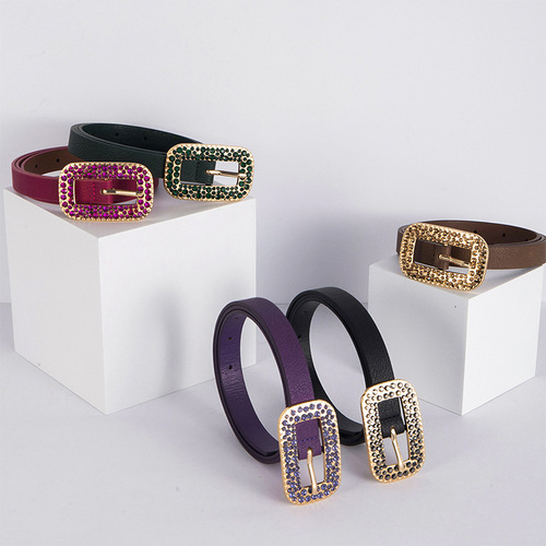 European and American cross-border diamond-studded pin buckle fashionable versatile women's leather belt high-end ladies' belt factory wholesale