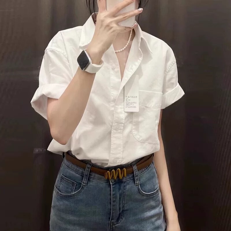 Green Cotton Linen Shoulder Short Sleeve Shirt Women's Summer Thin High-end Super Good-looking Linen Shirt Polo Collar Top