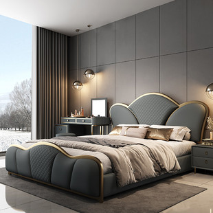 Light Luxury Leather Bed, Post-Modern Double Bed, Simple Classy Popular Ins Master Bedroom Italian Soft Bed Master Bedroom Bed