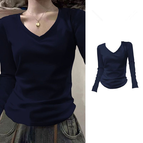 250g Ice Silk Ribbed Solid Color V-Neck Long Sleeve Women's New Spring Autumn Underwear Top Slimming T-Shirt
