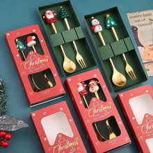 跨境圣诞餐具套装卡通雪人公仔勺子创意圣诞节甜品勺叉礼品2件套