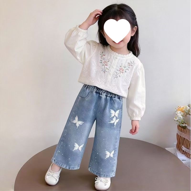 Girls' jeans, spring and autumn, washed soft denim, straight leg wide-leg pants with rhinestones and butterflies, loose long pants.