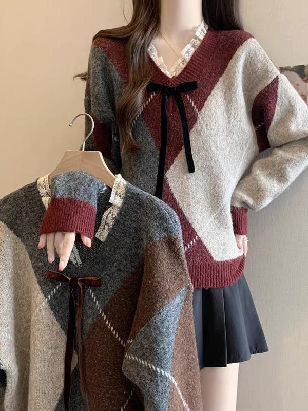 酒红色菱格毛衣女2025新款蕾丝V领针织衫慵懒风复古秋冬上衣潮|undefined