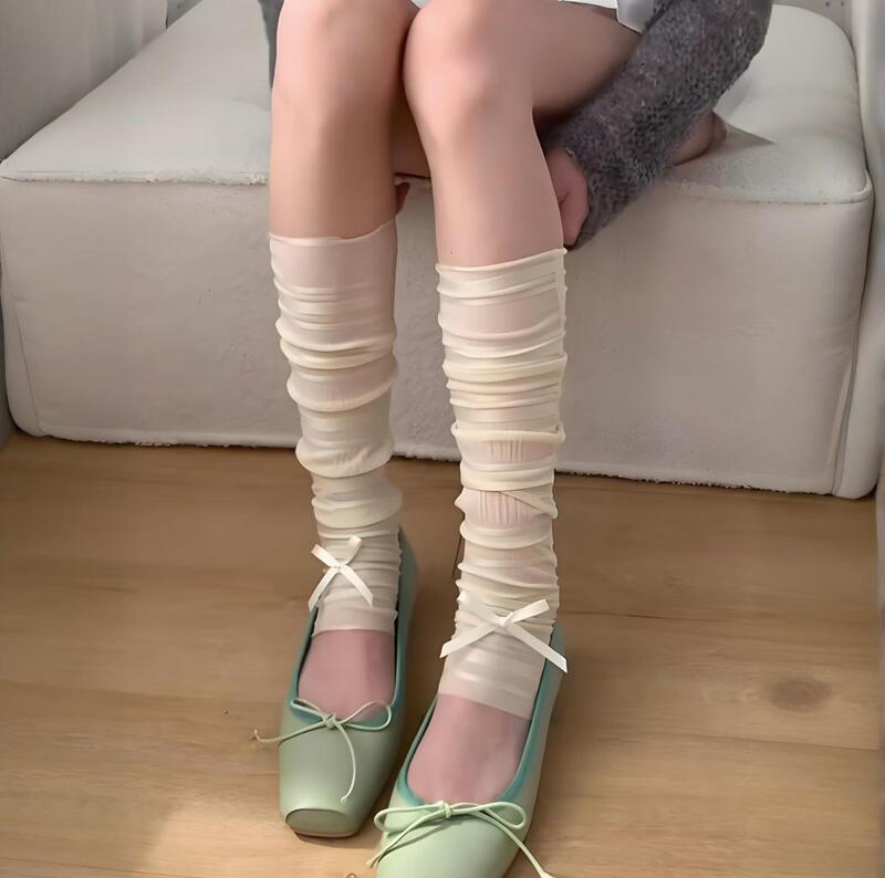 Summer Ice Silk Sun Protection Socks Set Girl's Knitted Mid-tube Socks Piled Stocking JK White Leg Cover Ballet Style Small Leg Socks