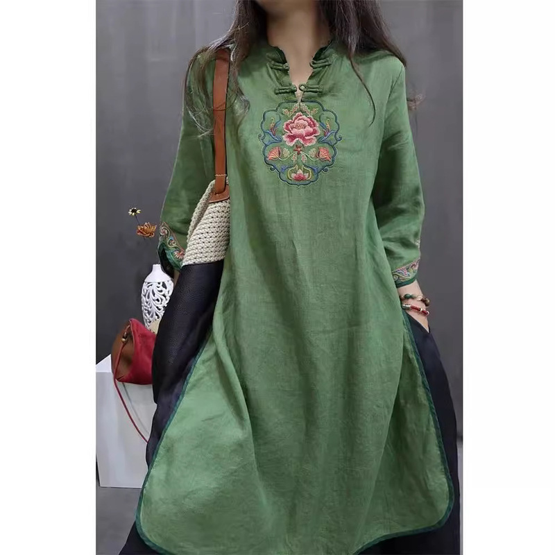 Chinese Cotton and Linen Retro National Style Dress Heavy Embroider Ethnic Summer Loose Skirt Mid-Length Three-Quarter Sleeves for Women