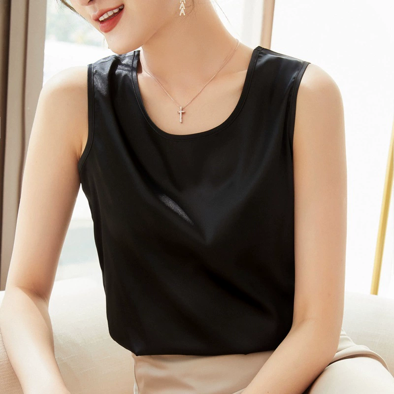 Шелковый Атласный Камзол, Женский весенне-летний Универсальный костюм, верхняя одежда, внутренняя основа, круглый вырез, топ без рукавов, модный