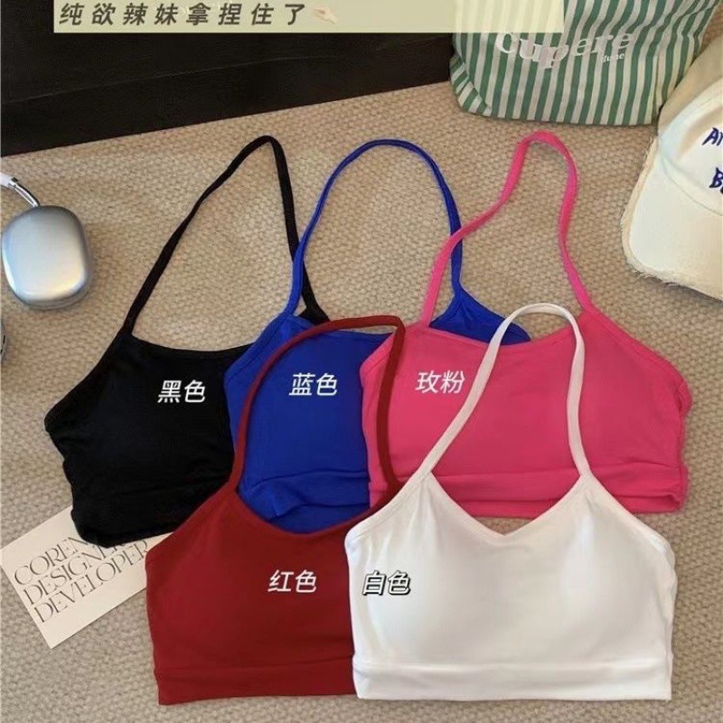 Solid Color Hot Girl Hanging Halter Camisole Base Sexy Backless Short Outer Wear Strapless One-piece Chest Pad Top for Women