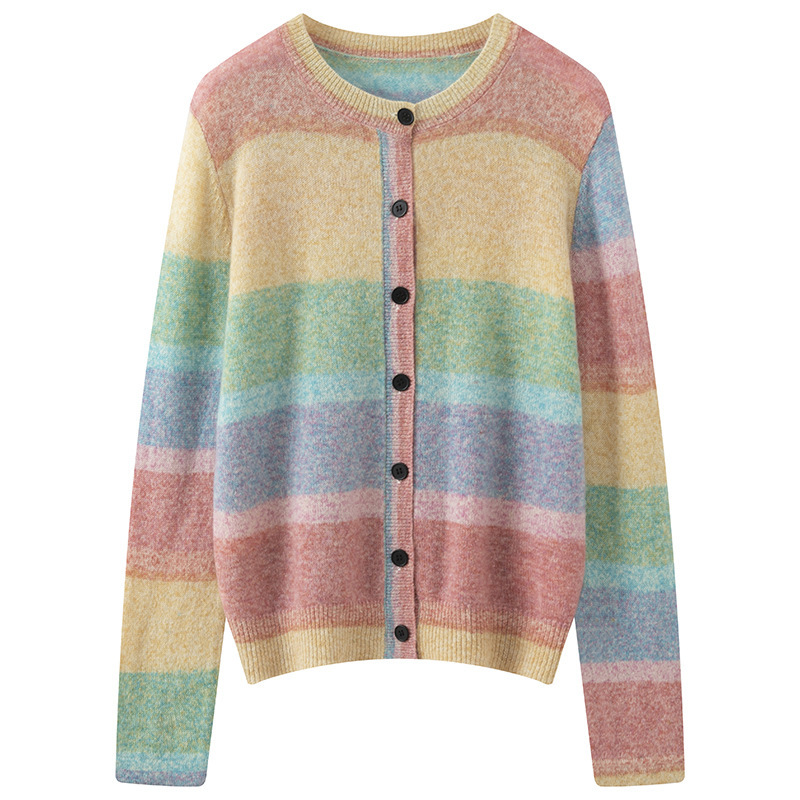 2025 Spring and Autumn New 100% Pure Cashmere Cardigan Women's Round Neck Rainbow Color Block Sweater Tops Knitted Cashmere Top