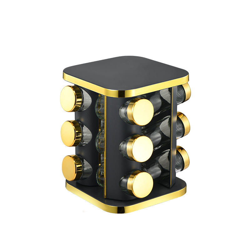 Tira cuadrada de borde dorado estante de condimentos de cocina estante de condimentos de acero inoxidable estante de almacenamiento de tanques de condimentos estante de condimentos giratorio al por mayor
