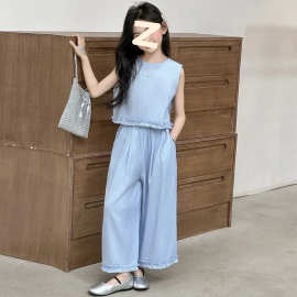 女童夏装短袖背心长裤两件套2025新款大童韩版洋气上衣阔腿裤套装