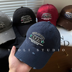 YAOLI製~アメリカンレトロなダメージ加工刺繍入り野球帽、頭囲が大きい女性向け、顔が小さい、サンバイザー付きキャップ