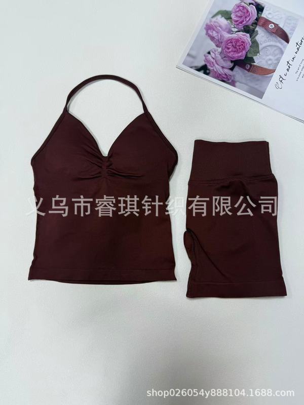 跨境无缝瑜伽挂脖背心 高弹提臀瑜伽健身短裤 长文胸短裤套装批发|undefined