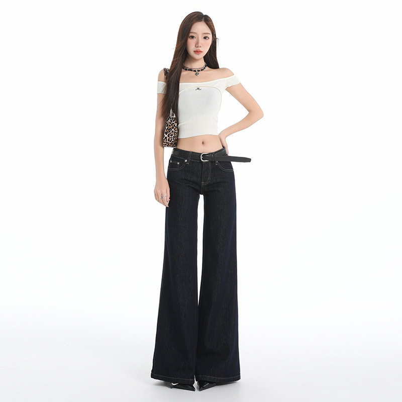 Childish Orange # Retro Dark Blue Low-Waist Non-Leg-Fitting Jeans for Women, Slim Fit, Versatile Floor-Length Trousers