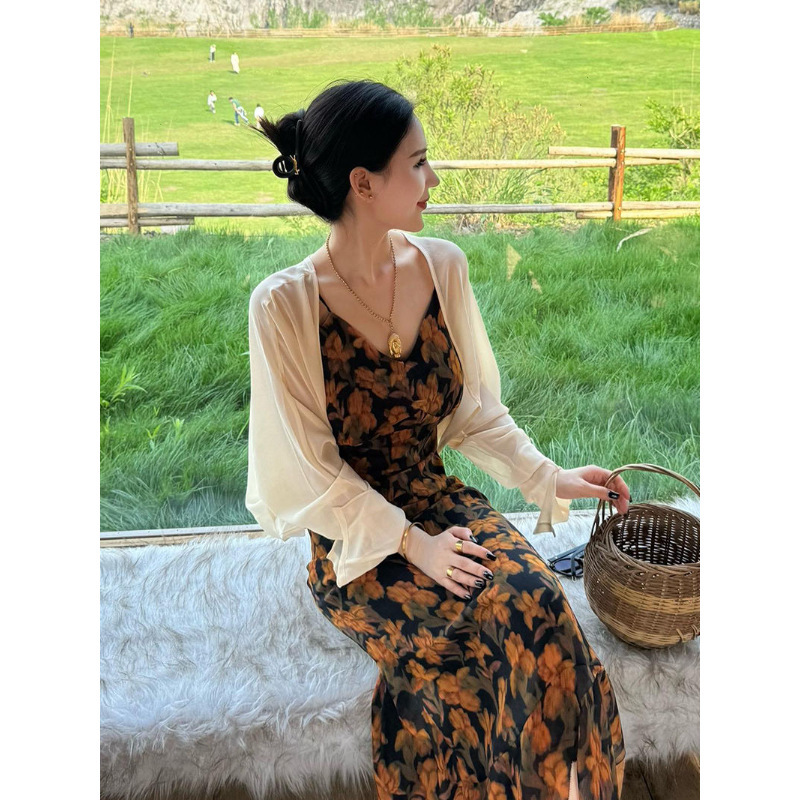 高冷御姐风黑色碎花吊带连衣裙风情万种的裙子今年流行漂亮套装裙|undefined