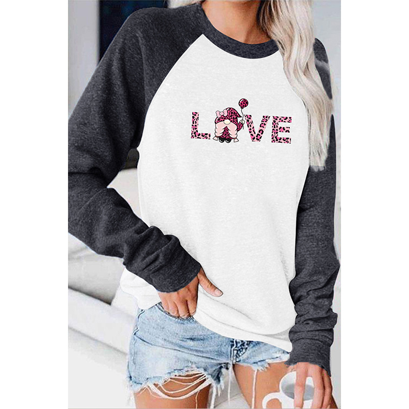 Summer round neck patchwork long sleeved t-shirt, women's LOVE Valentine's Day printed top_voghion.com