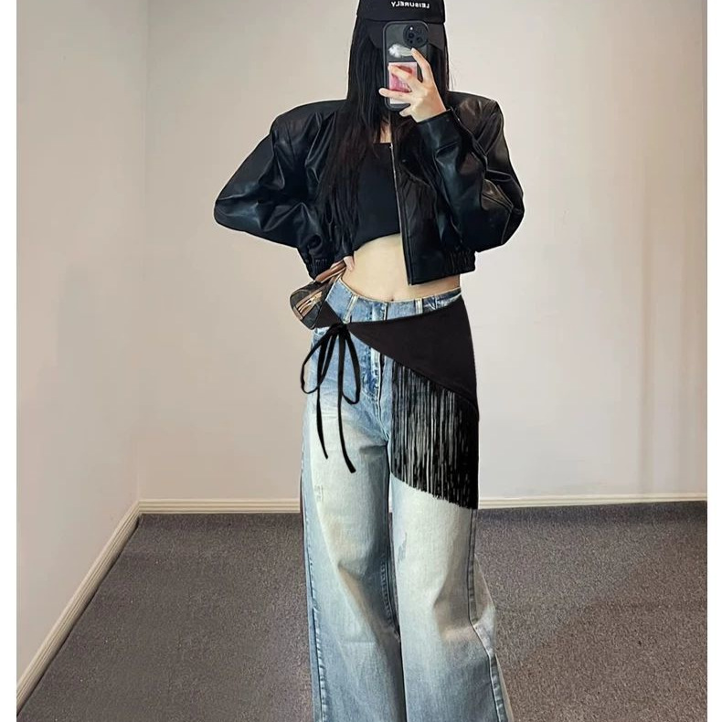 Triangle Scarf with Tassels, American-Style Hot Girl Black Hip Belt Accessory, Decorative Waistband for Jeans and Skirts Triangle Scarf with Tassels, American-Style Hot Girl Black Hip Belt Accessory, Decorative Waistband for Jeans and Skirts