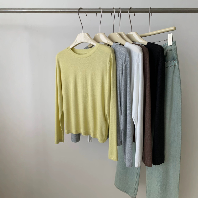 Miraculous Breathable Lyocell Tencel Linen T-Shirt for Women, Korean Retro Style, Double-Layered, Frayed Edge, Round Neck, Long Sleeve Base Shirt Miraculous Breathable Lyocell Tencel Linen T-Shirt for Women, Korean Retro Style, Double-Layered, Frayed Edge, Round Neck, Long Sleeve Base Shirt