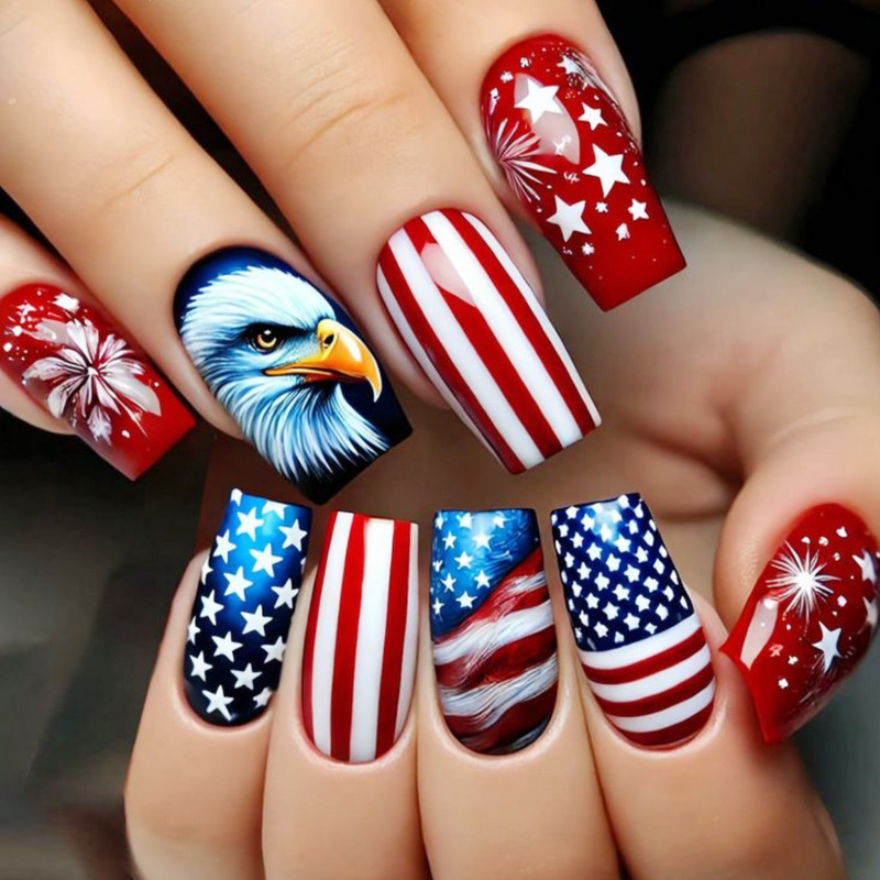 Wearable Nails Independence Day Red and Blue Star Stripes Fireworks Eagle Print Decoration Removable Fake Nails 24 Pieces