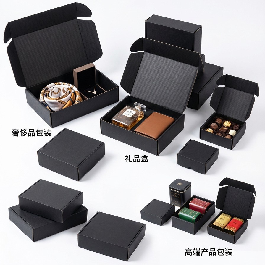 Caja negra estilo avión, caja de cartón corrugado extra resistente de doble cara, personalización de lotes pequeños, en stock, con impresión de logotipo, embalaje para regalo de joyería.