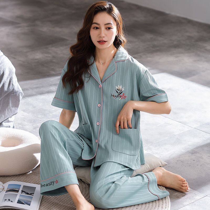 Pijamas pantalones de manga corta de algodón de verano para mujer ropa para el hogar delgada madre de mediana edad traje suelto de talla grande