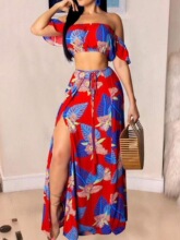 A 12783 Fashion Print Flounce Sleeve Wrap Top Slit Skirt