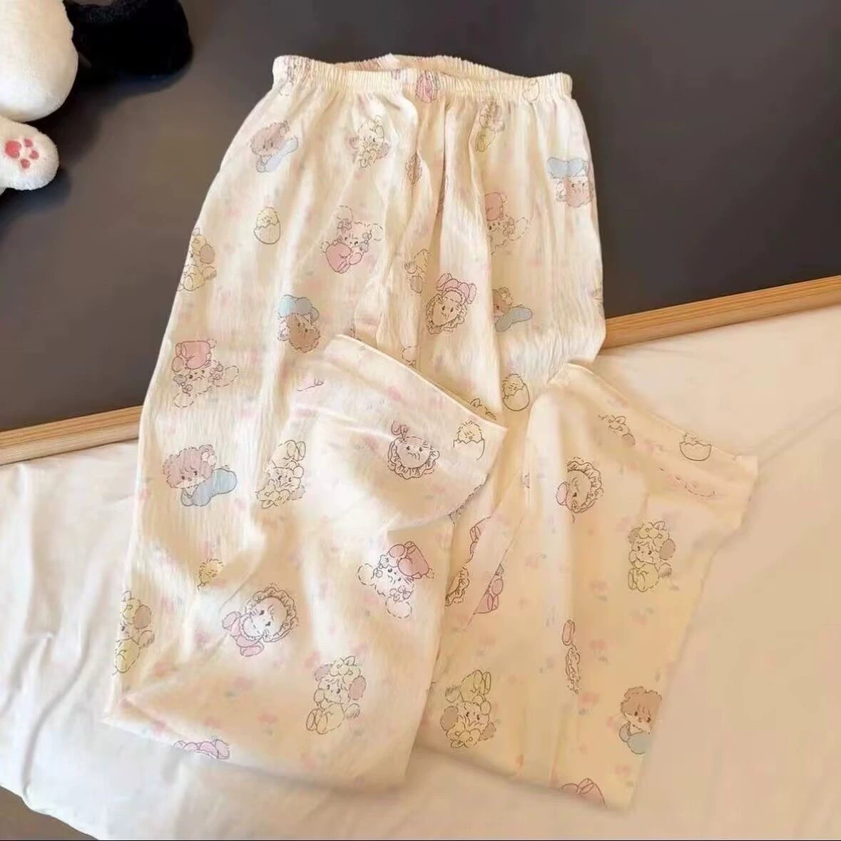Long thin demi-season leisure trousers, loose fit, elastic waist, cute prints